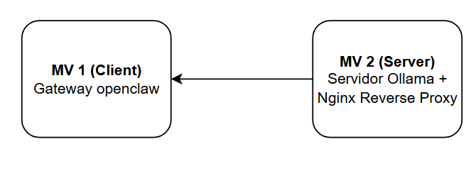 MV 1 (client) amb el Gateway d'OpenClaw i MV 2 (servidor) amb Ollama i Nginx